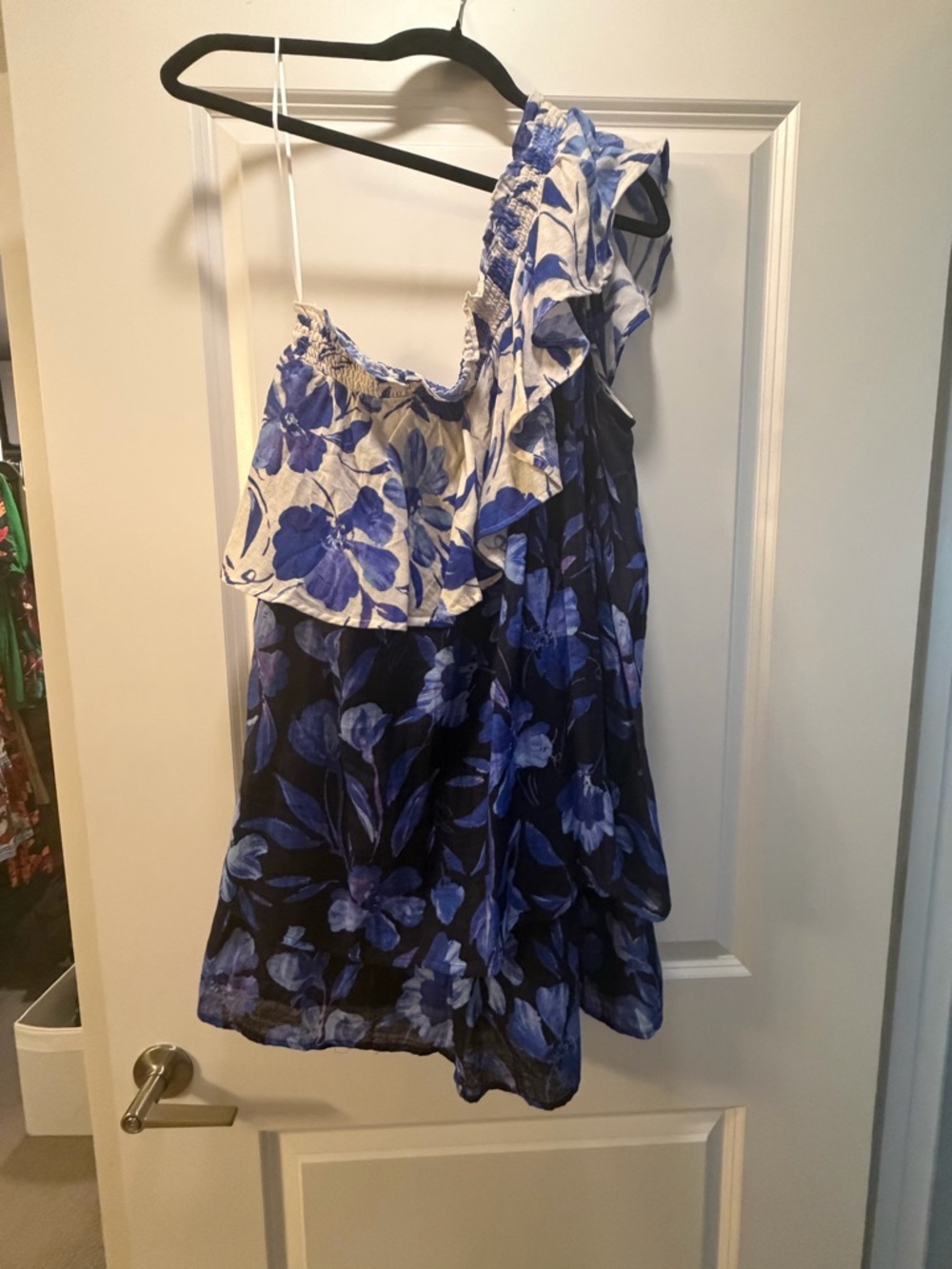Anthropologie Blue and White Floral One-Shoulder Dress